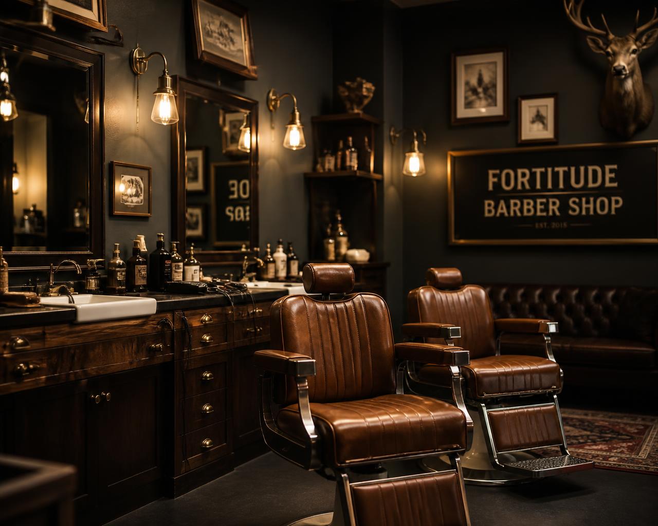 Ambiente interno da barbearia com poltronas de couro vintage